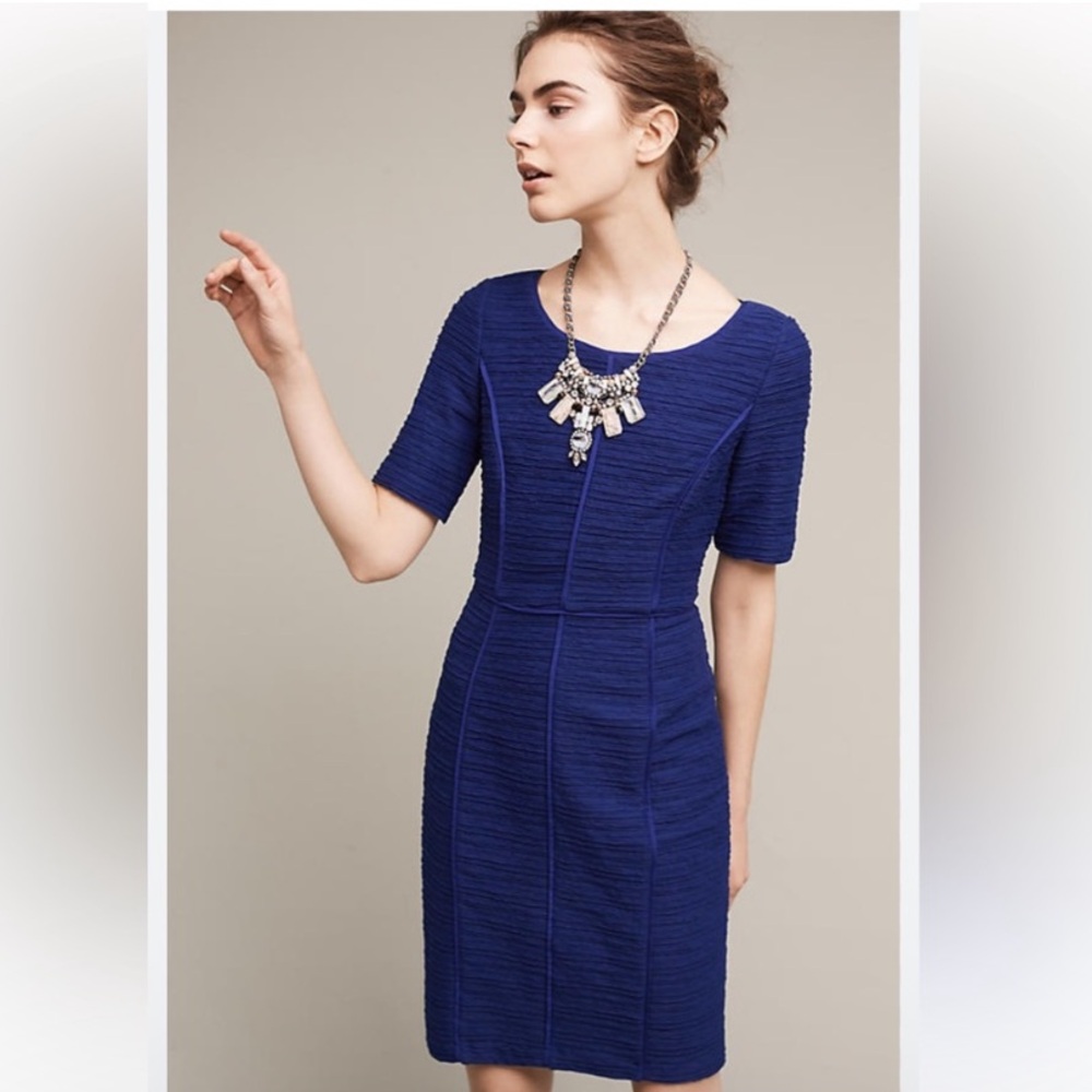 Maeve Anthropologie Royal Blue Textured Sheath Dress 10P Short Sleeve Lined